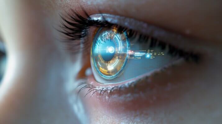 Close up of woman eye with smart contact lens featuring digital, biometric implants for scanning ocular retina. 