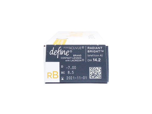 1 Day Acuvue Define Radiant Bright -Side view showing prescription details and expiry date