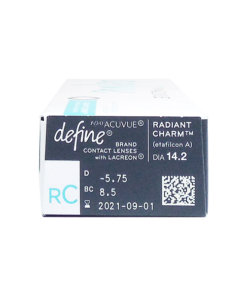 1 Day Acuvue Define Radiant Charm -Side view showing prescription details and expiry date