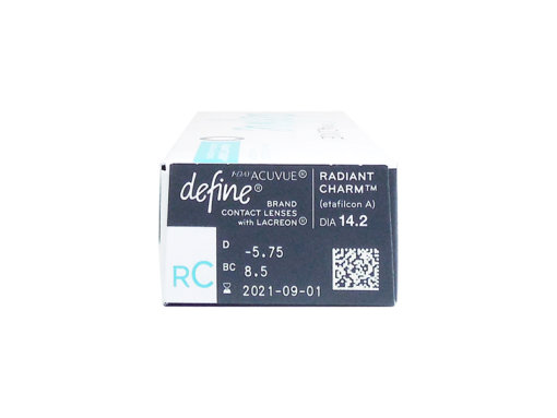 1 Day Acuvue Define Radiant Charm -Side view showing prescription details and expiry date