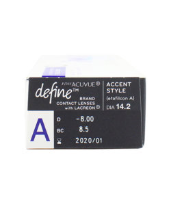 1 Day Acuvue Define Accent Style -Side view showing prescription details and expiry date