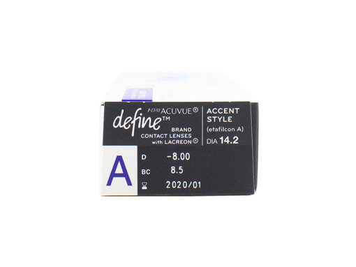 1 Day Acuvue Define Accent Style -Side view showing prescription details and expiry date