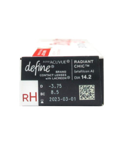 1 Day Acuvue Define Radiant Chic -Side view showing prescription details and expiry date