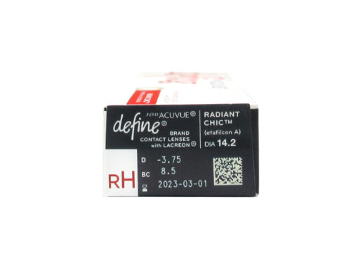 1 Day Acuvue Define Radiant Chic -Side view showing prescription details and expiry date
